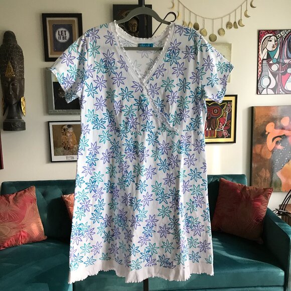 FRESH PRODUCE size XL White Teal Blue & Purple Floral Cotton Surplice Dress - Picture 1 of 4